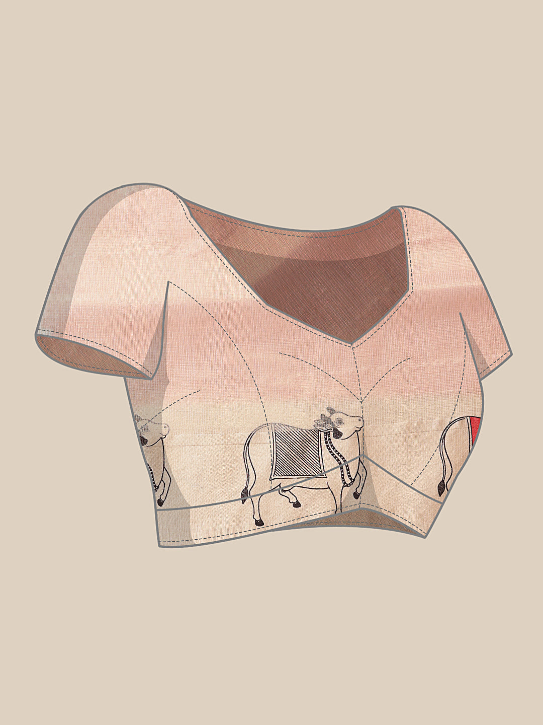 Peach Folk Art Cow Motif Saree with Traditional Printed Pallu