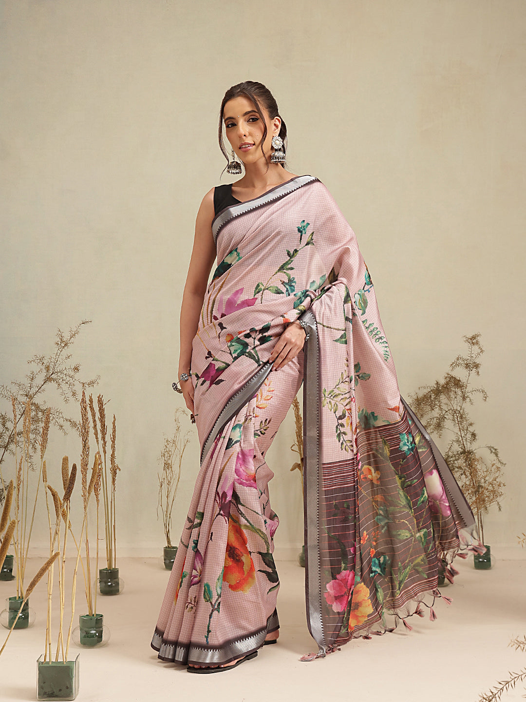 Blush Pink Botanical Floral Print Saree with Striped Designer Pallu