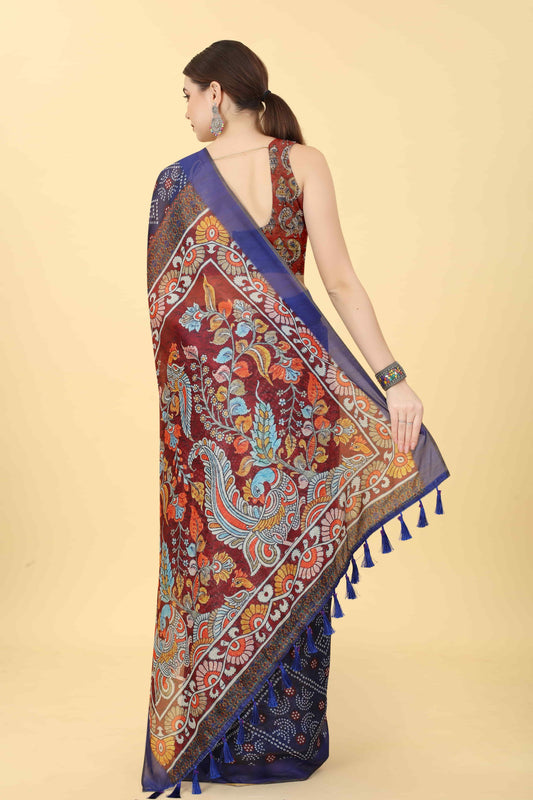 Kalamkari Digital Printed Indigo Saree