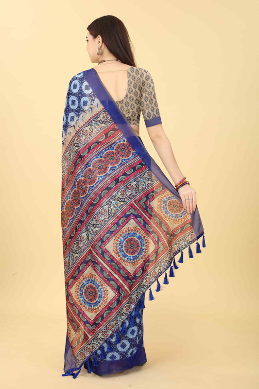 Kalamkari Digital Printed Indigo Saree