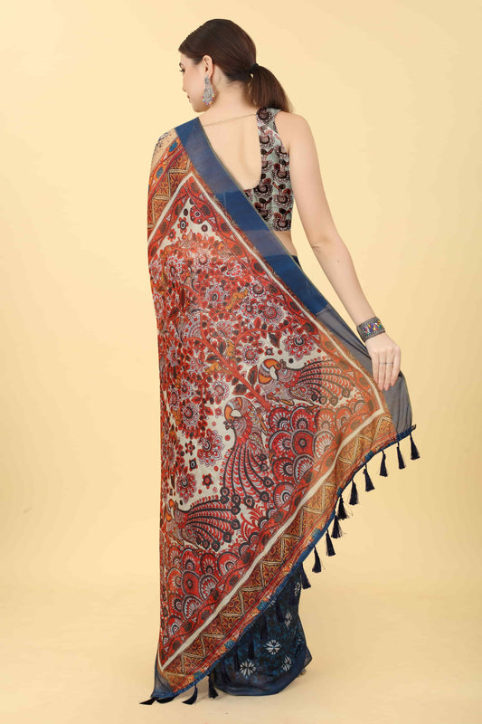 Kalamkari Digital Printed Indigo Saree