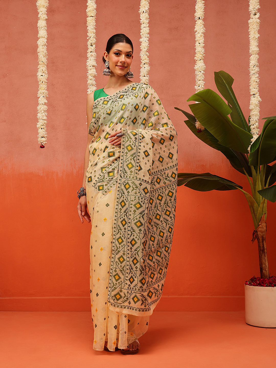 Geomatric Work Cotton Jamdani Saree