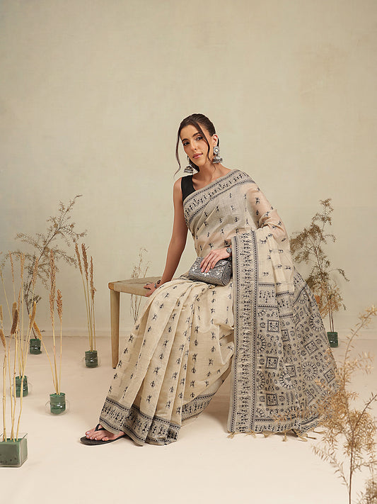 Cotton Blend Woven Design Handloom Premium Jamdani Saree With Tassels