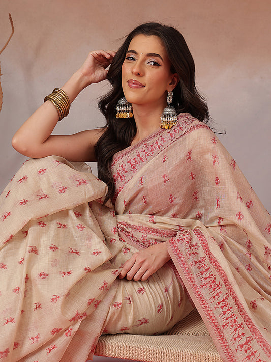 Cotton Blend Woven Design Handloom Premium Jamdani Saree With Tassels
