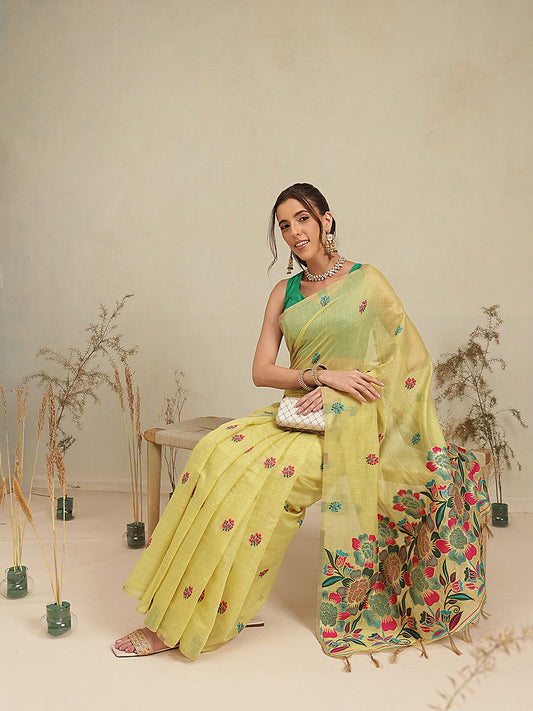 Cotton Blend Woven Design Handloom Premium Jamdani Saree With Tassels