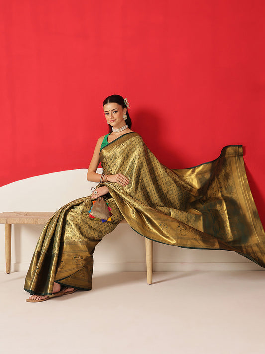 Baluchari Silk Saree With Zari Woven Rich Pallu & Contrast Border