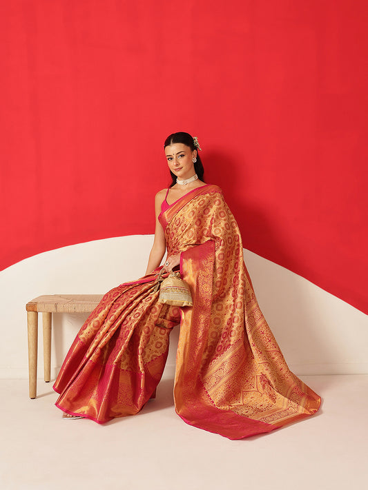 Floral Baluchari Silk Saree With Zari Woven Rich Pallu & Contrast Border
