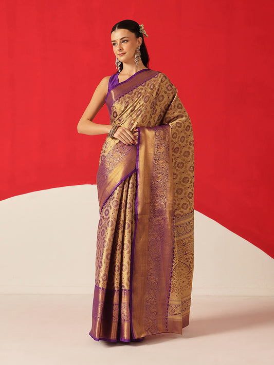 Floral Baluchari Silk Saree With Zari Woven Rich Pallu & Contrast Border