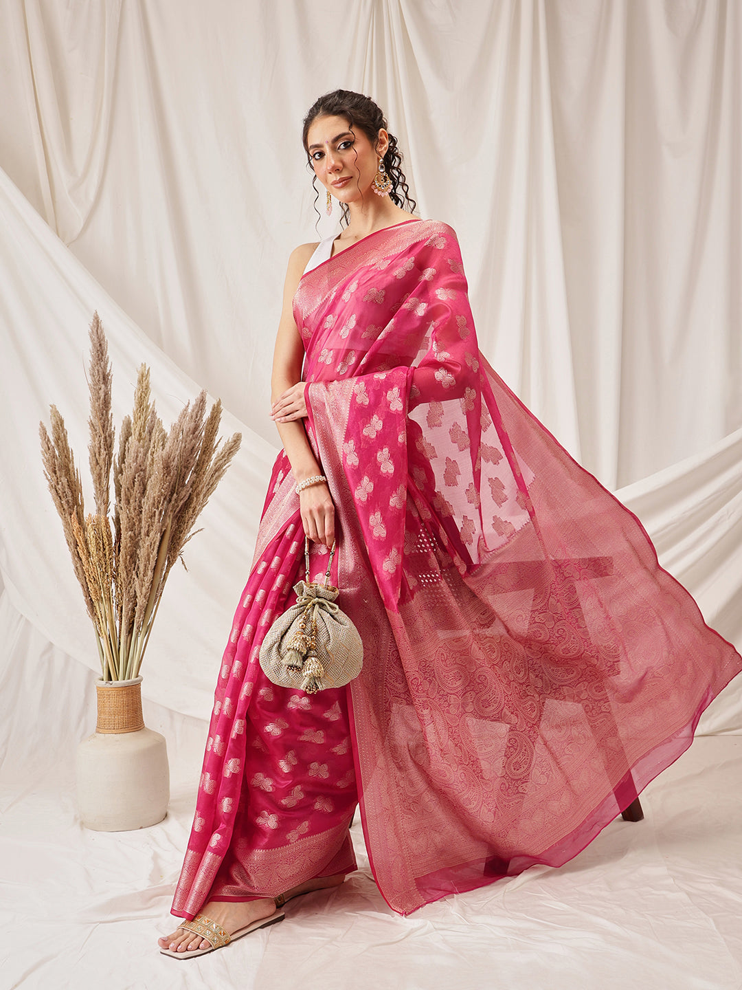 Butterfly Design Banarasi Organza Soft Silk Pink Saree