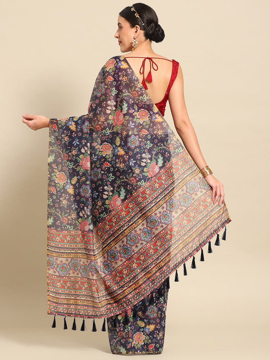 Floral Printed Cotton Saree With Blouse Piece