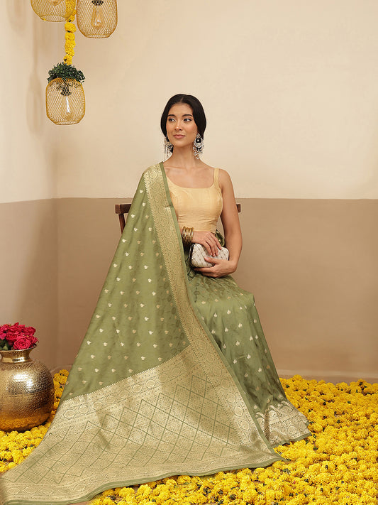 Banarasi Soft Silk Small Zari Butta Work Woven Saree With Unstitched Blouse Piece