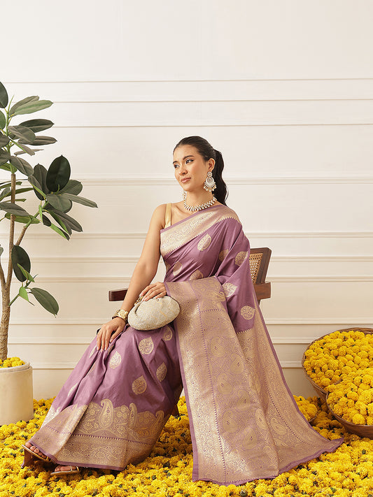 Banarasi Soft Silk Paisley Butta Work Woven Saree With Unstitched Blouse Piece