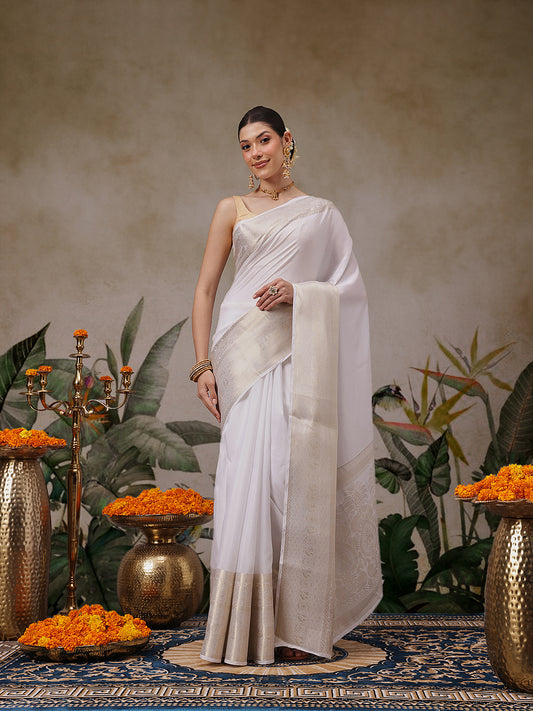 Onam Special Off White Zari Woven Saree