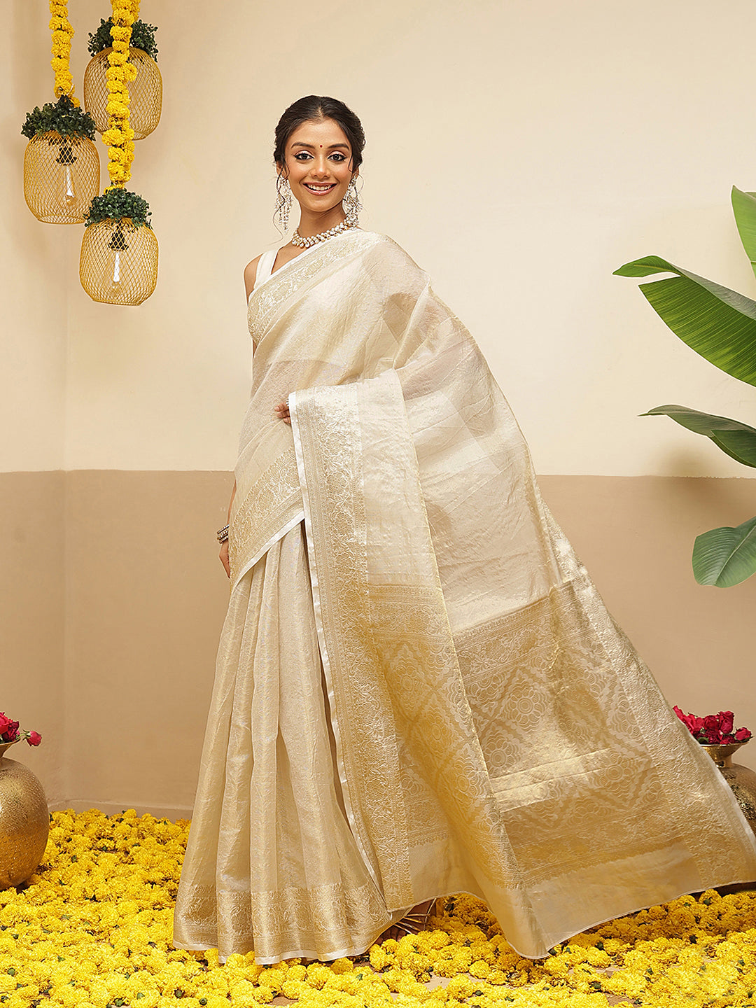 Women's Onam Special Kerla Kasavu Tissue Silk Solid Woven Saree With Brocade Blouse & Pallu