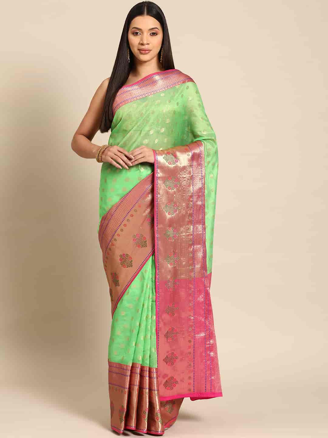 Parrot Green & Gold Ethnic Motifs Woven Design Zari Art Silk Saree