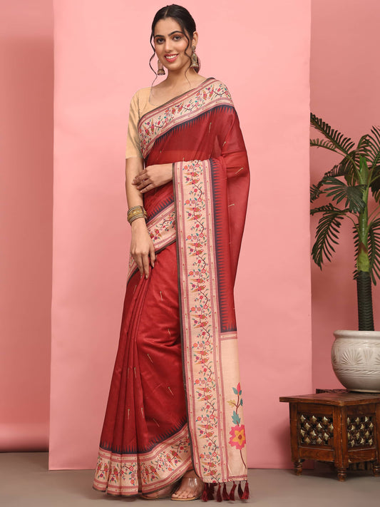 Women's Cotton Blend Paithani Animal Digital Printed Saree