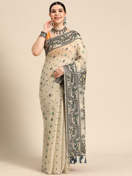 Woven Design Ethnic Motifs Phulkari Pure Cotton Jamdani Saree – Beige & Black – view 2