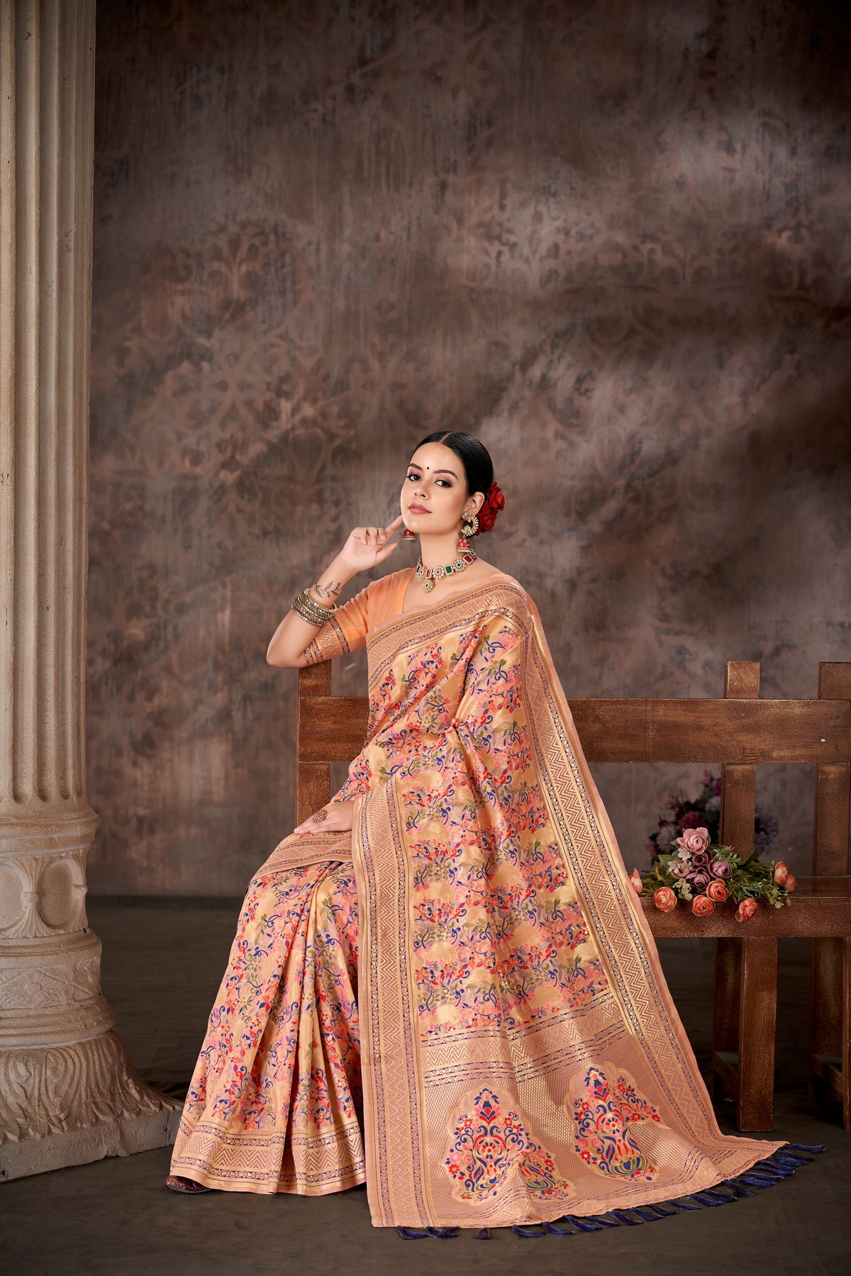 Pink & Multicolored Floral Silk Blend Saree