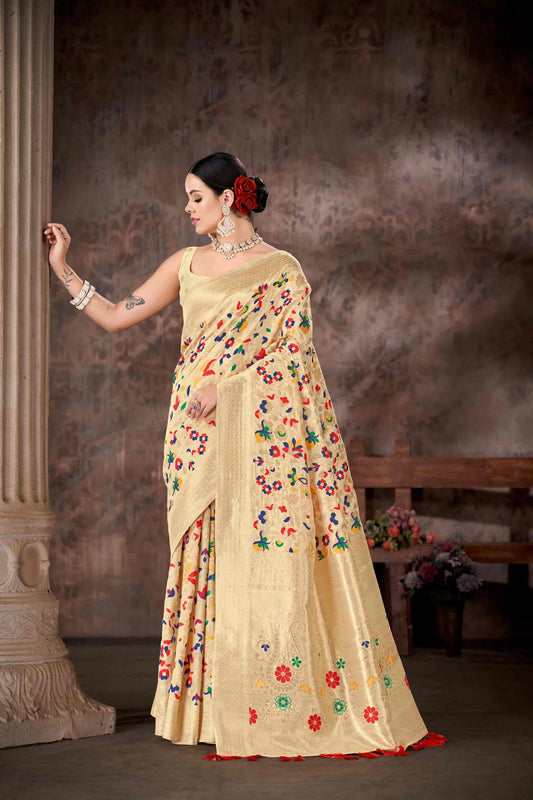 White & Multicolored Floral Silk Blend Saree
