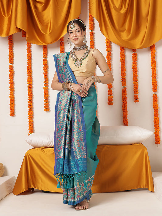 Tissue Inspired Pure Weaving Gala Patola Saree With Handmade Tassels – Teal – view 2