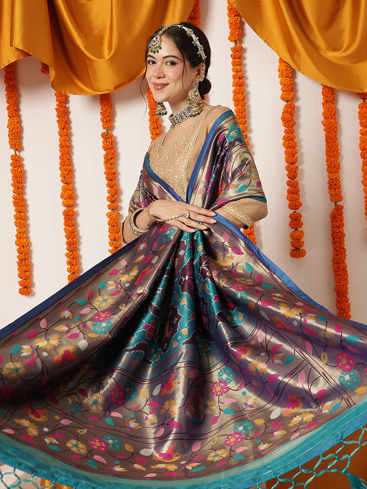 Pure Weaving Patola Dupatta With Paithani Border & Pallu – Teal – view 2