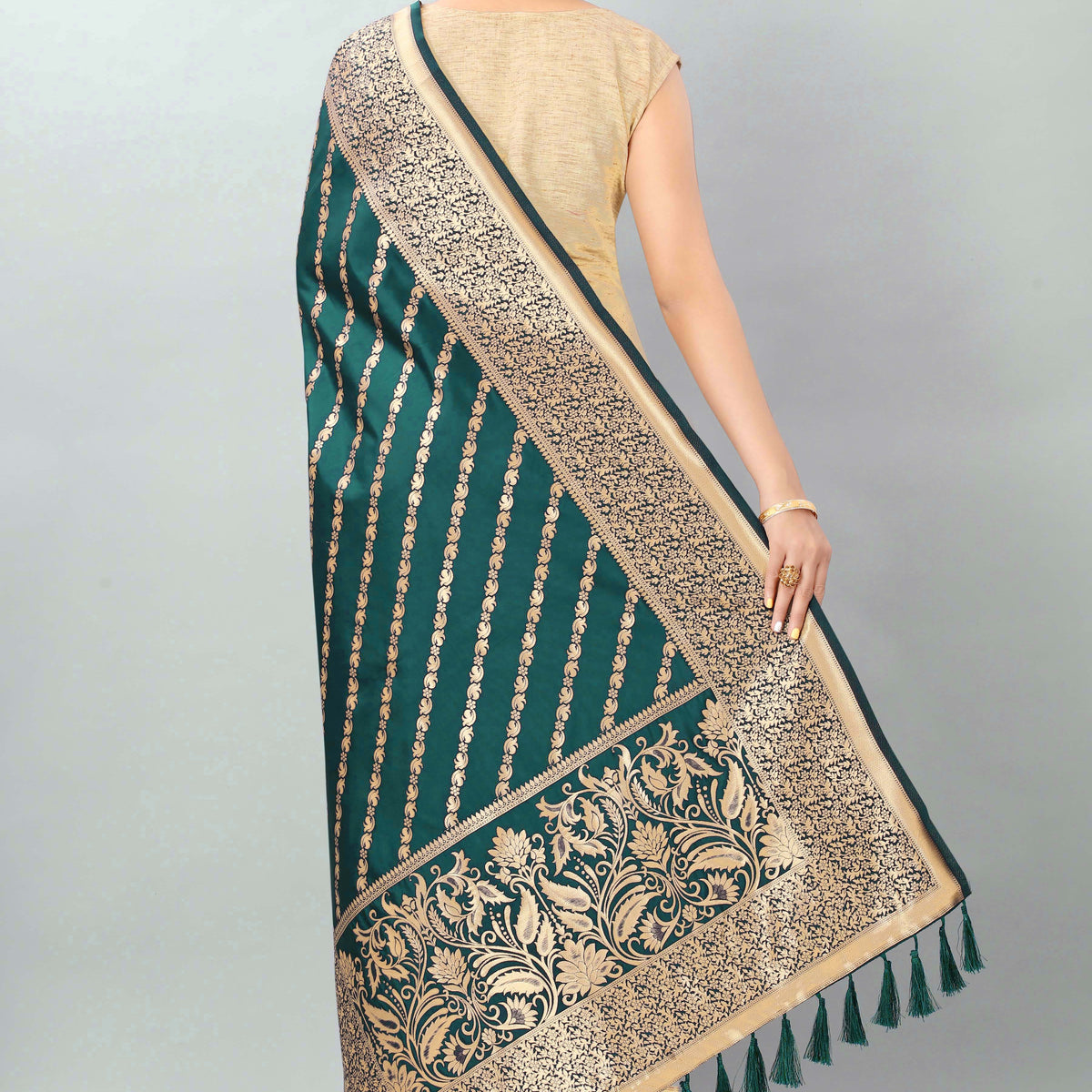 Blue Floral Gold Printed Rectangular Woven Dupatta main image 1