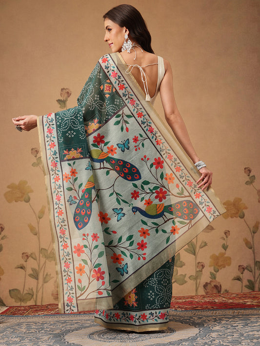 Bandhani Printed Chanderi Saree With Paithani Border