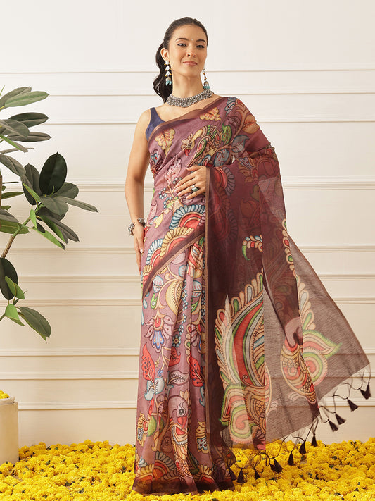 Kalamkari Printed Cotton Chanderi Saree With Beautifull Tassels