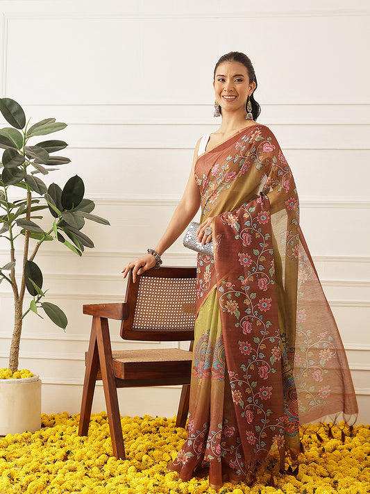 Kalamkari Printed Cotton Chanderi Saree With Beautifull Tassels