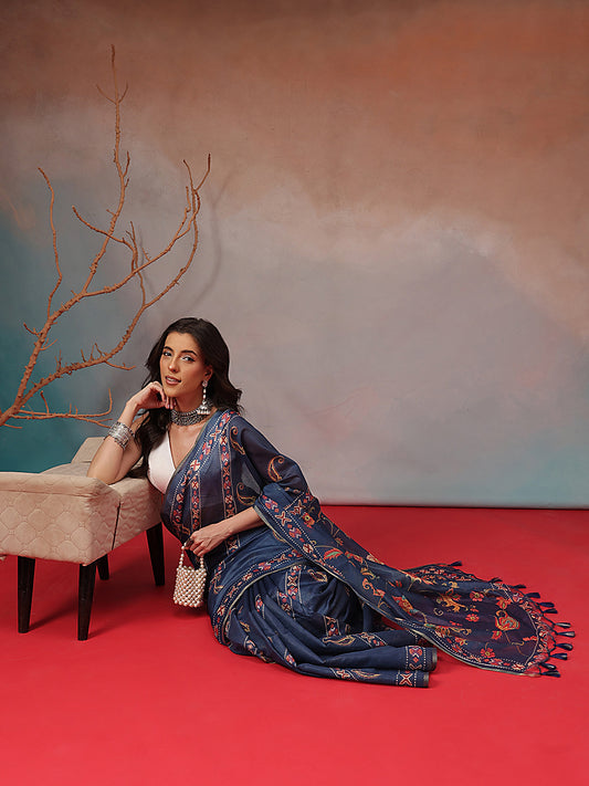 Digital Printed Premium Cotton Blend Chanderi Saree with Traditional Motifs & Tassel