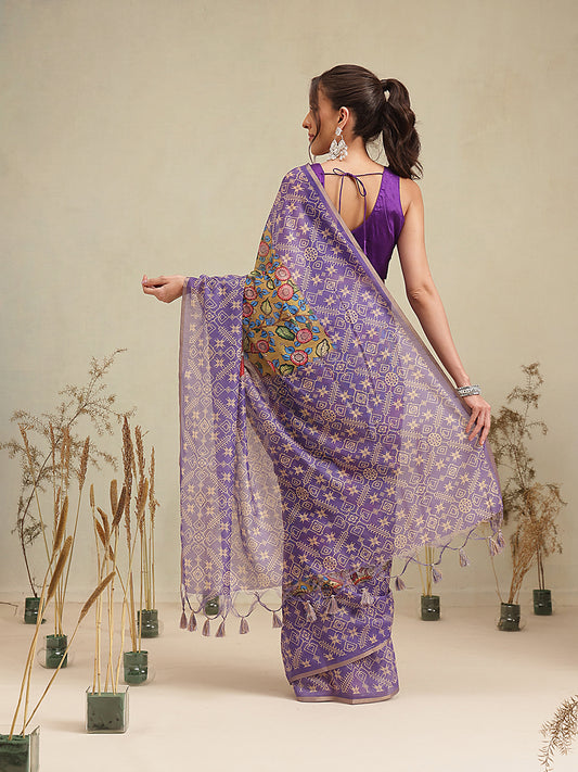 Digital Printed Premium Cotton Blend Chanderi Saree with Traditional Motifs & Tassel