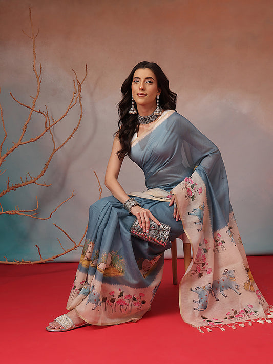 Digital Printed Premium Cotton Blend Chanderi Saree with Traditional Motifs & Tassel