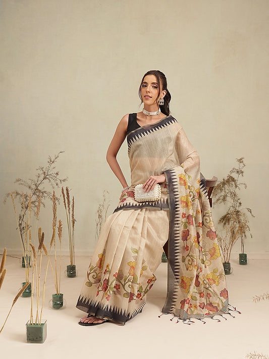 Digital Printed Premium Cotton Blend Chanderi Saree with Traditional Motifs & Tassel