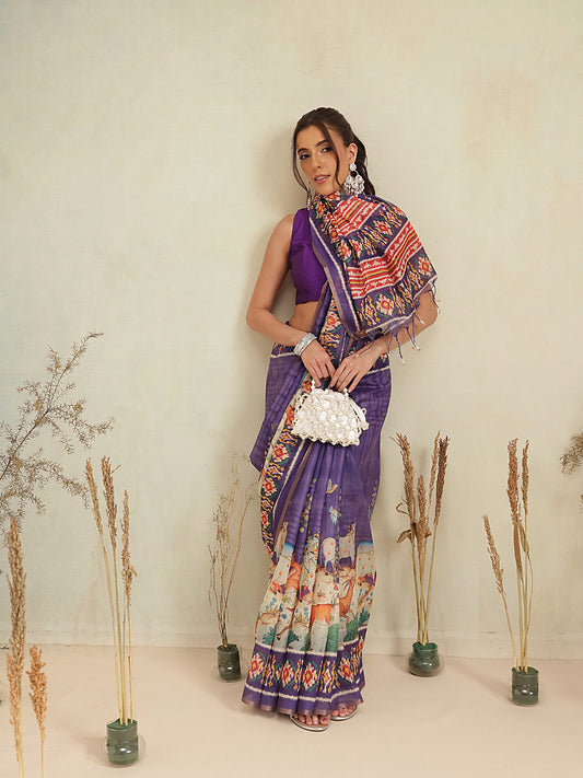 Digital Printed Premium Cotton Blend Chanderi Saree with Traditional Motifs & Tassel