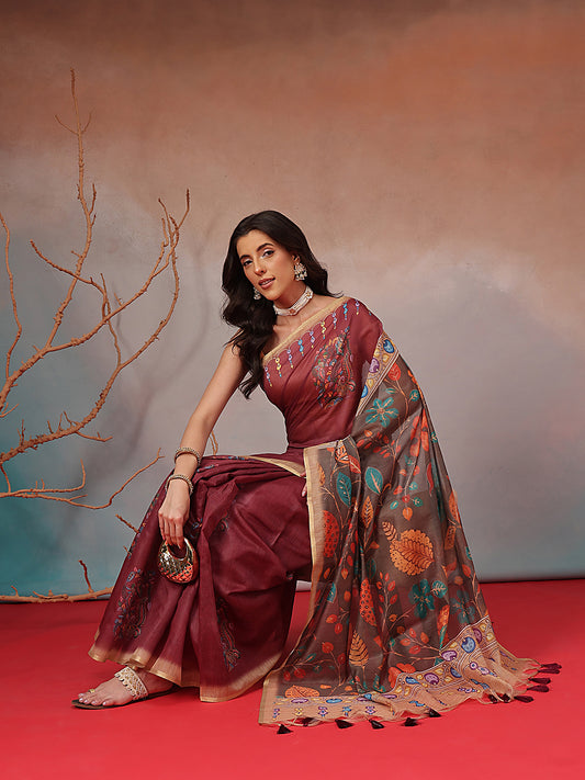 Digital Printed Premium Cotton Blend Chanderi Saree with Traditional Motifs & Tassel