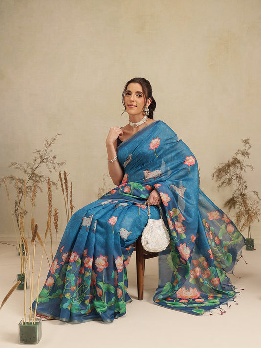 Digital Printed Premium Cotton Blend Chanderi Saree with Traditional Motifs & Tassel