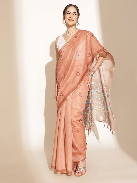 Digital Printed Floral Cotton Chanderi Saree With Tassels