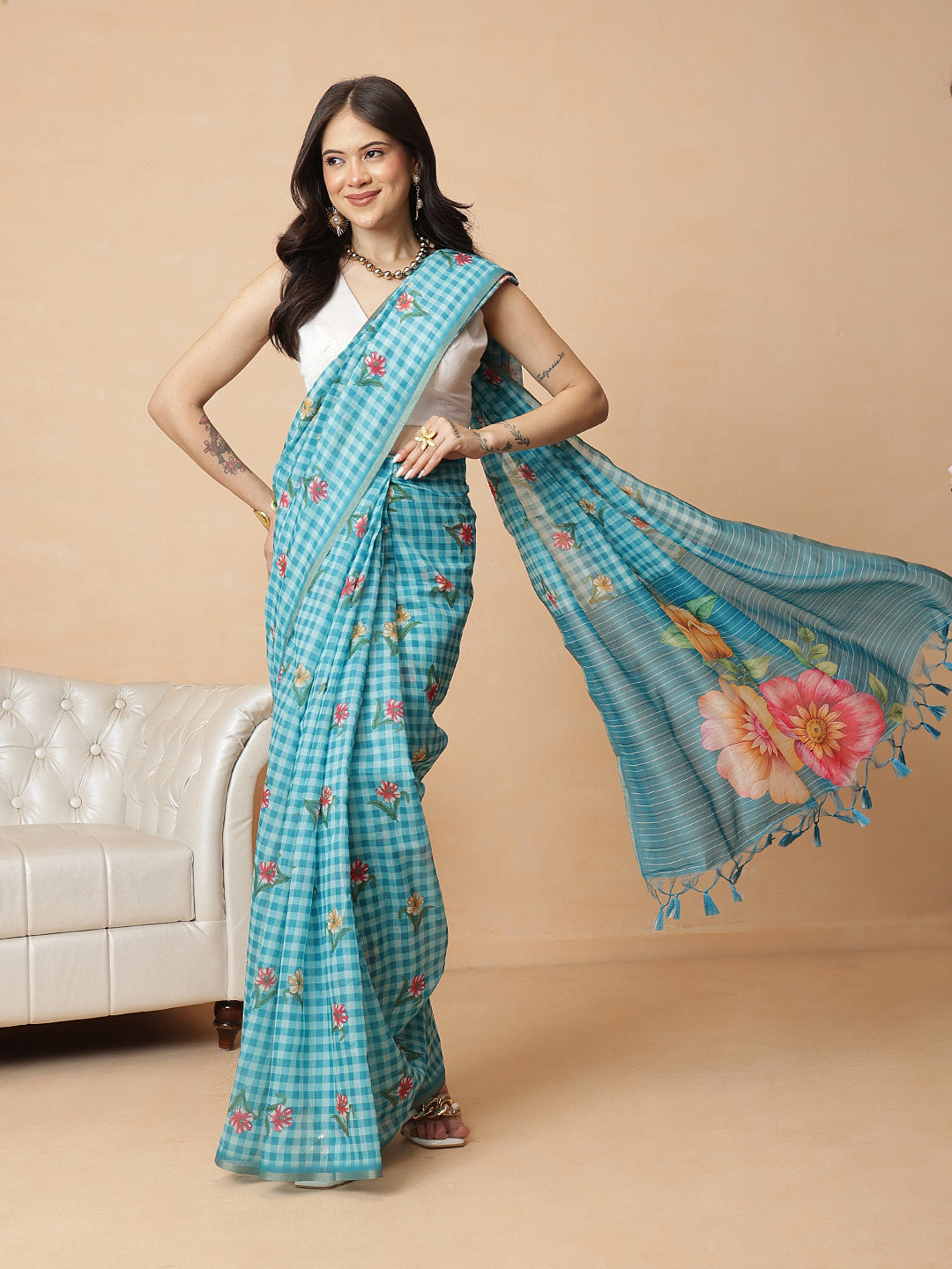 Digital Printed Work Wear Sky Blue Floral Checks Chanderi Ready to Wear Saree