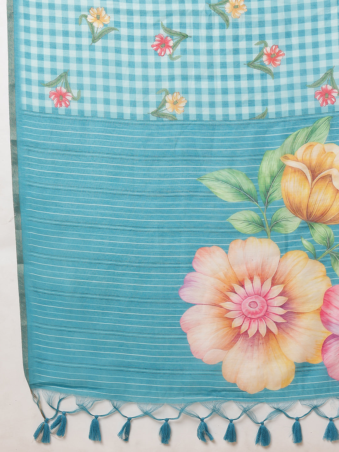 Digital Printed Work Wear Sky Blue Floral Checks Chanderi Ready to Wear Saree