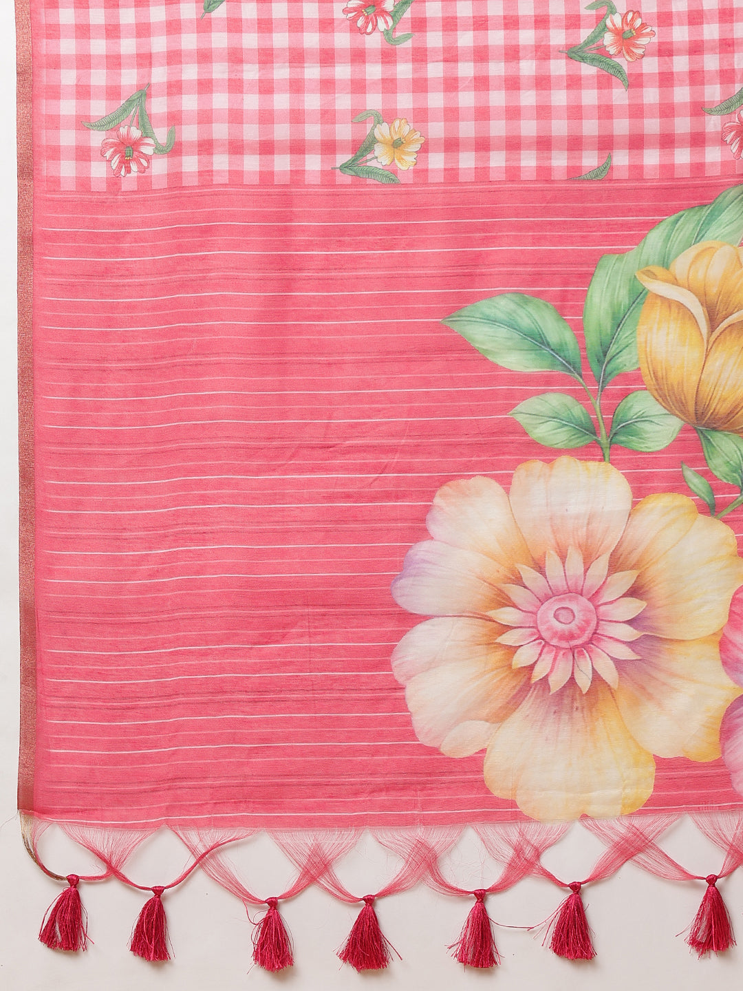 Digital Printed Work Wear Pink Floral Checks Chanderi Ready to Wear Saree