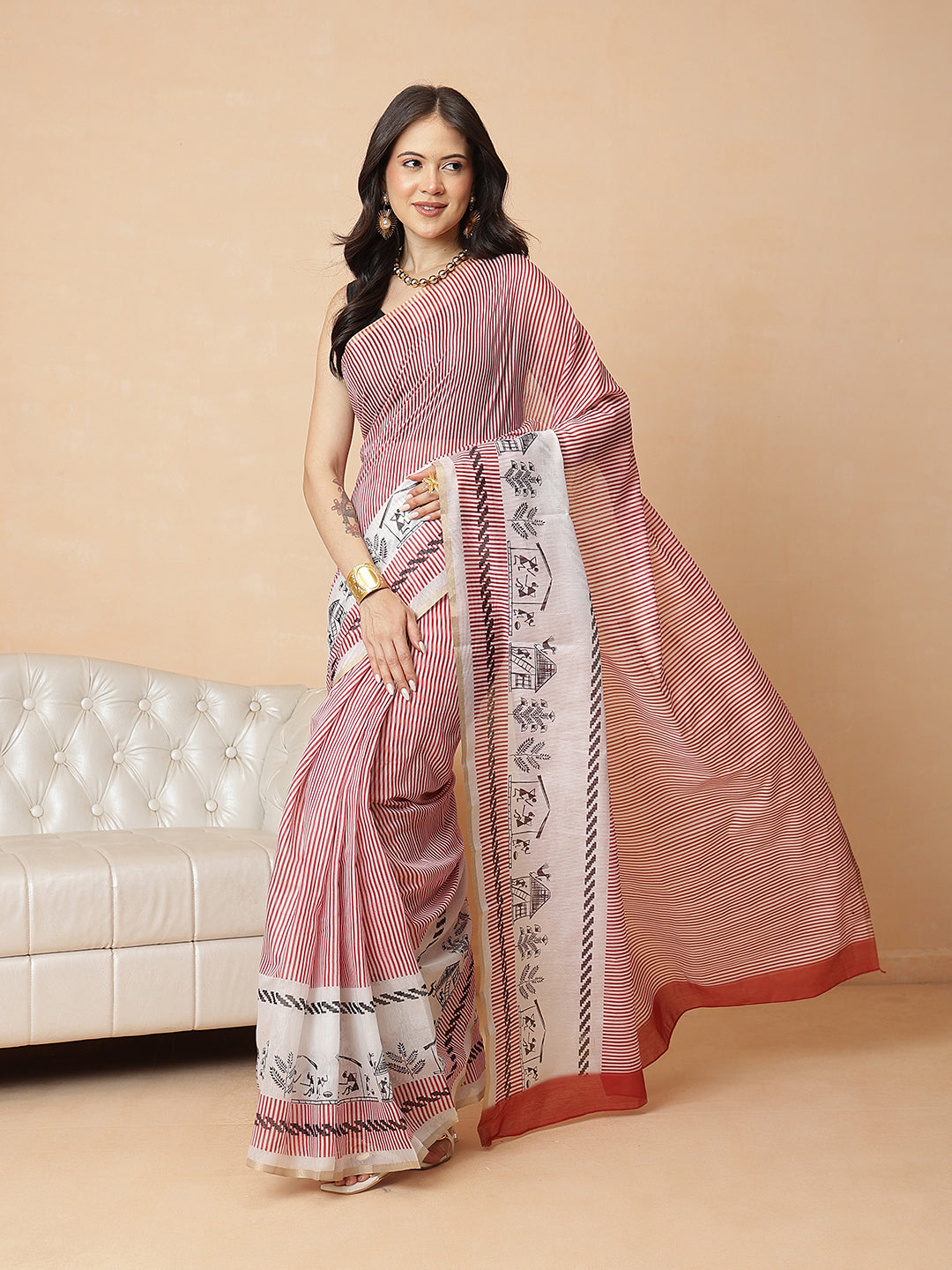 Maroon Color Striped Chanderi Cotton Digital Printed Ready to Wear Saree