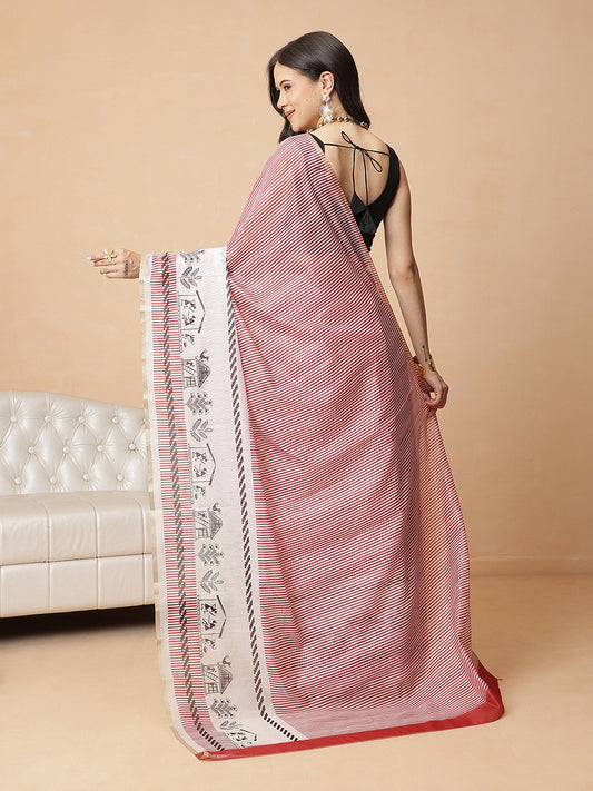 Maroon Color Striped Chanderi Cotton Digital Printed Ready to Wear Saree