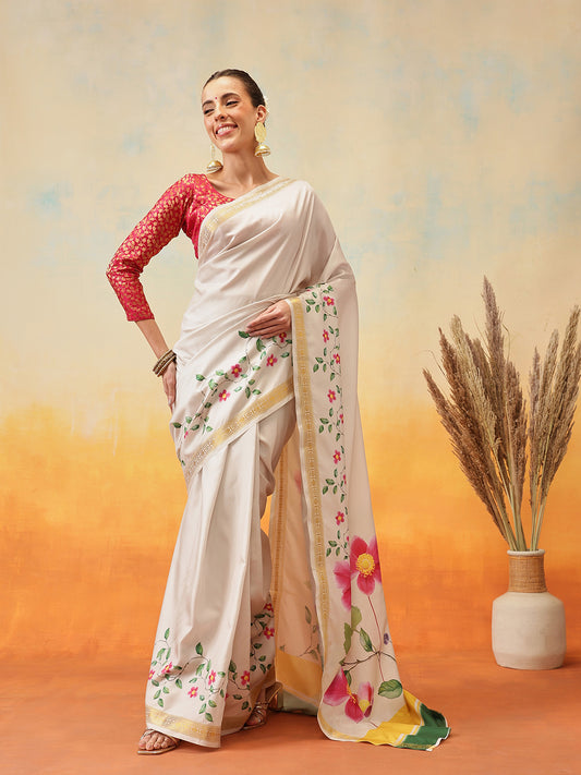 Onam Special Printed Silk Ready To Wear Kasavu White Saree