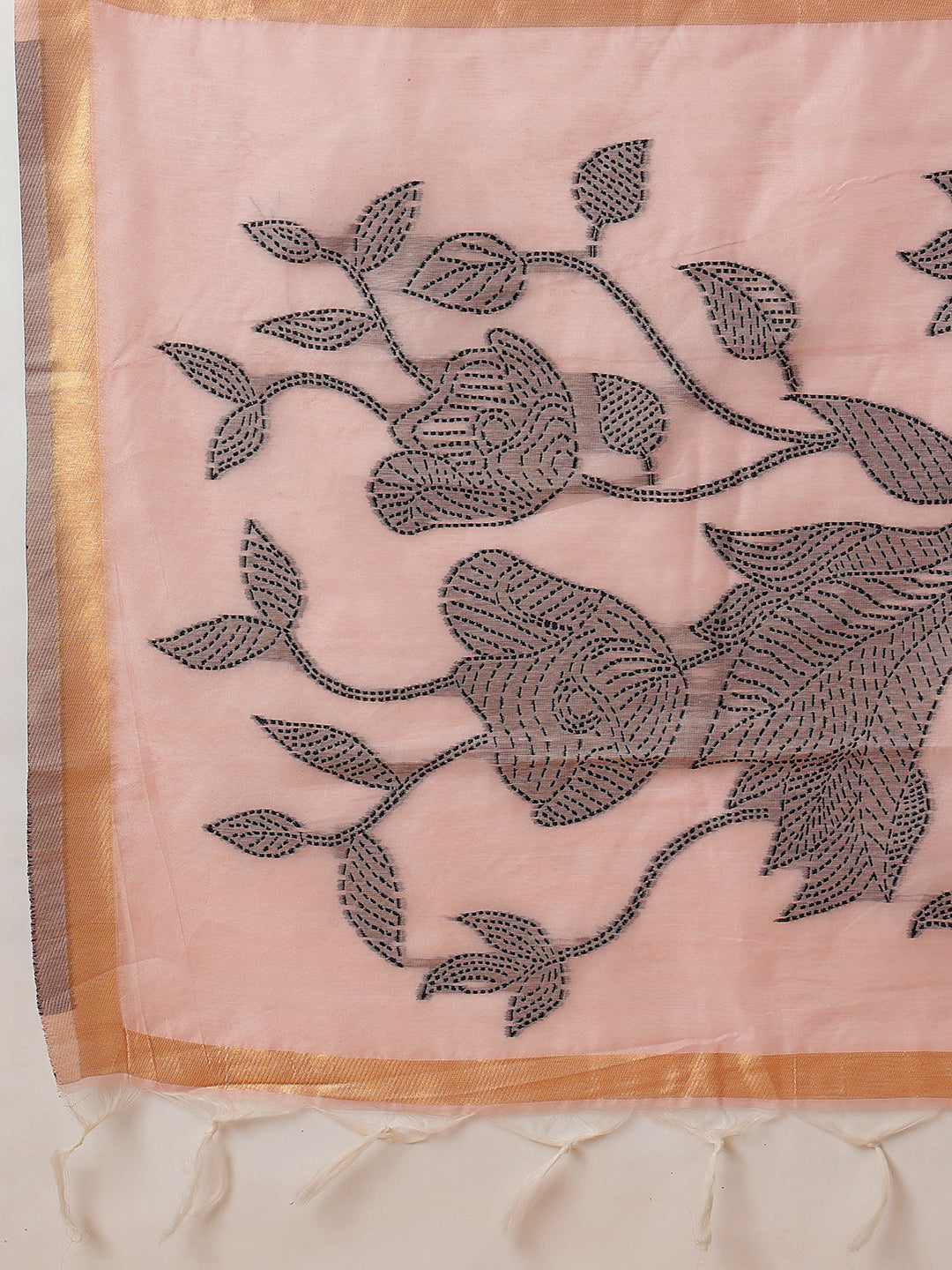 Light Peach Color Jamdani Ready to Wear Saree With Zari Border & Tassels