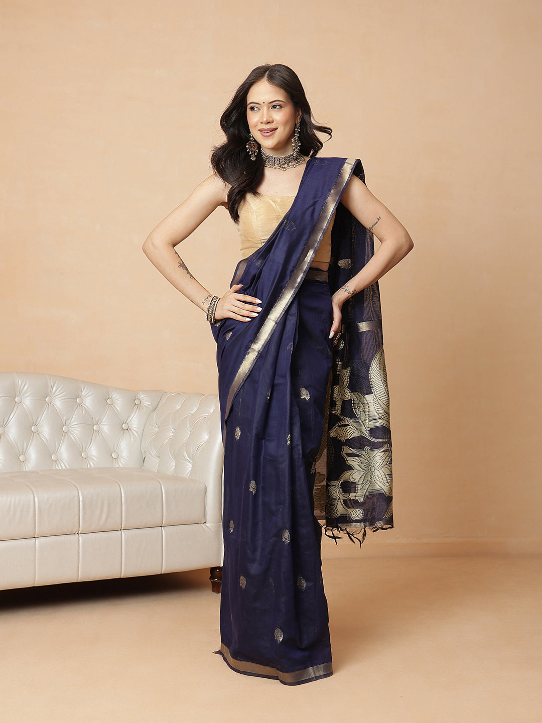 Royal Blue Floral Cotton Jamdani Ready to Wear Saree