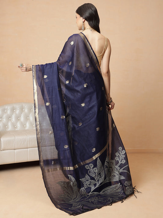 Royal Blue Floral Cotton Jamdani Ready to Wear Saree