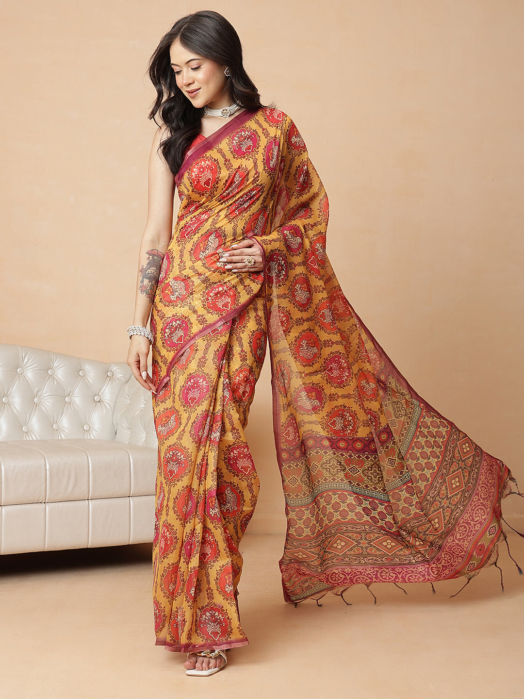 Yellow Paisley Printed Ready to Wear Saree with Ethnic Pallu Design