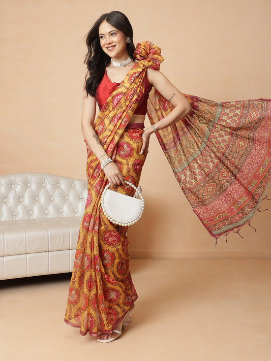 Yellow Paisley Printed Ready to Wear Saree with Ethnic Pallu Design