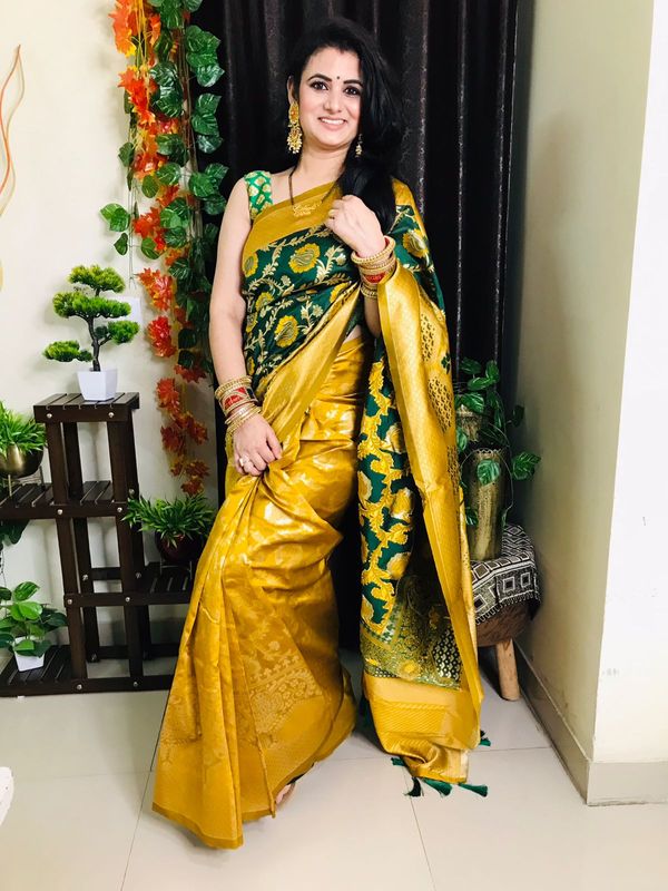 Yellow & Green with Golden Touch Kanjeevaram Silk Woven Saree