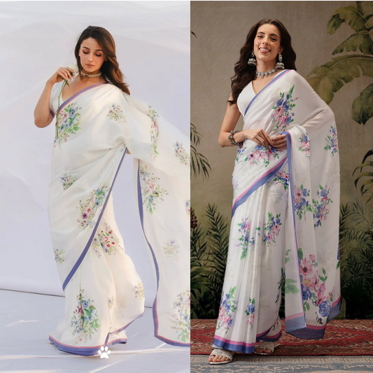 Bollywood Inspired Floral Digital Print Satin Saree
